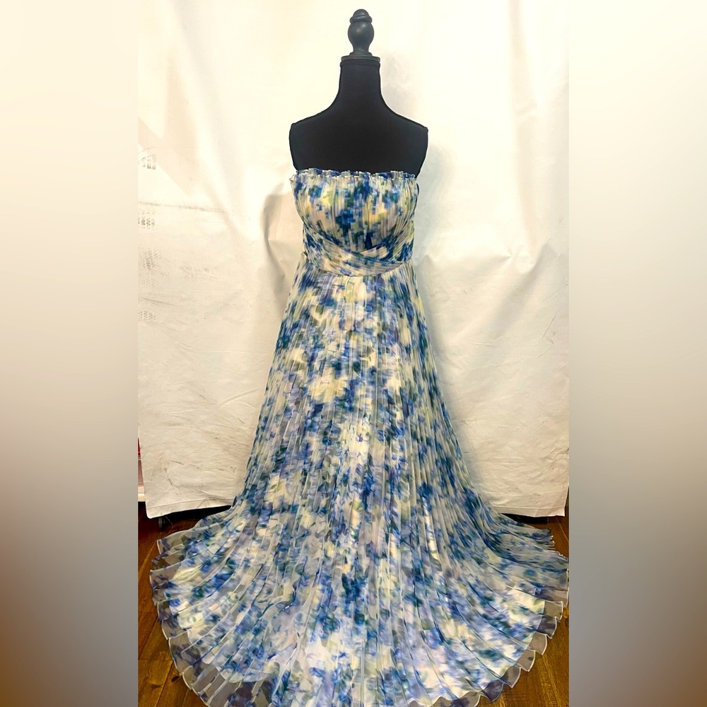 Theia Strapless Floral Gown in Blue and Yellow